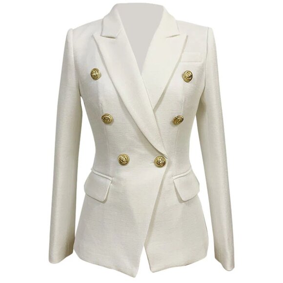 Textured Gold Button Detail Peak Lapel Double Breasted Tailored Blazer - Picture 1 of 4